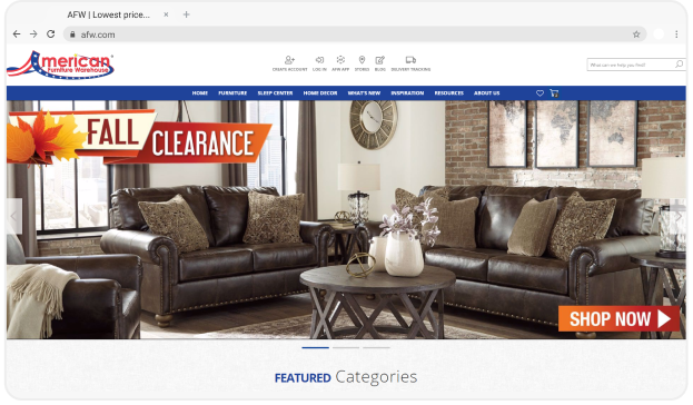 American Furniture Warehouse's eSTORIS Website Homepage